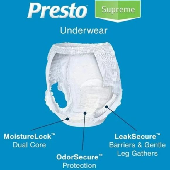 Presto Adult pull-up diapers medium (32"-44" waist) 4 packs of 20 each=80 total! - Picture 3 of 6